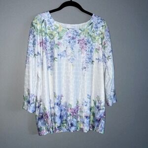 Alfred Dunner Womens Floral Blouse Large White Embellished Cottagecore Feminine